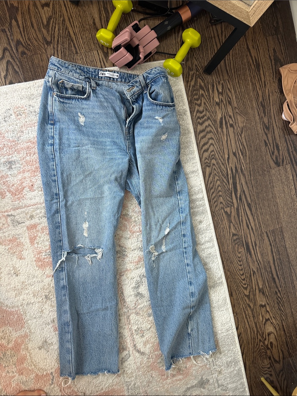 Zara Light Blue Distressed Straight-Leg Jeans